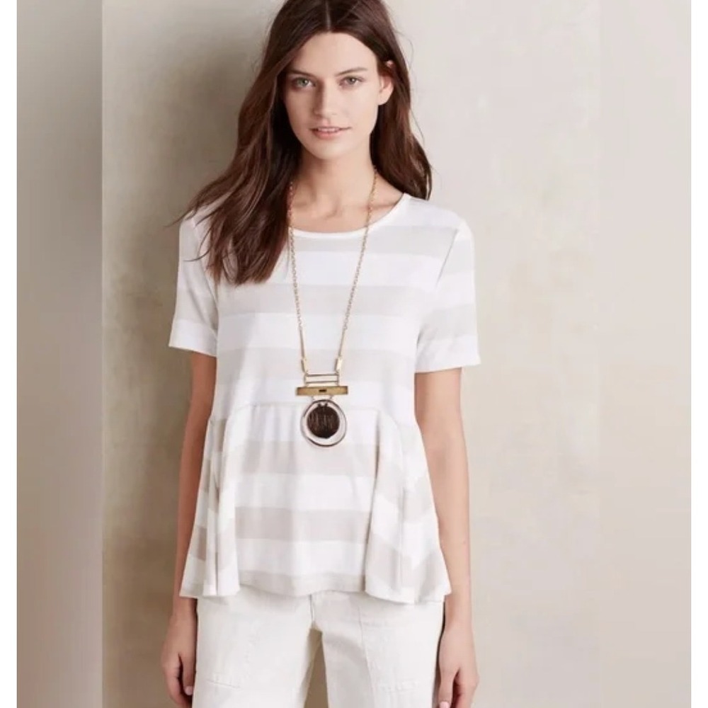 Everleigh‎ Striped Peplum Short Sleeve Top Tan Cream Womans Medium
